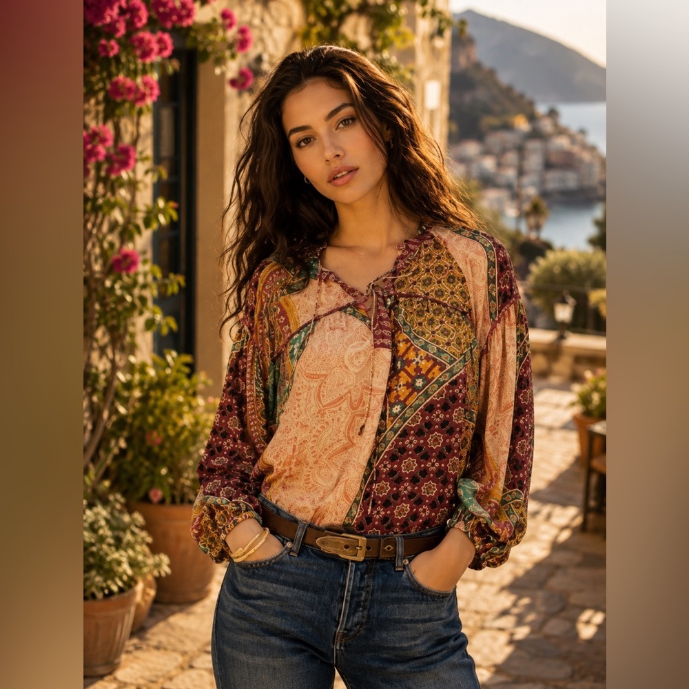 New ba&sh Women’s Faith Mixed Print Lace Up Blouse